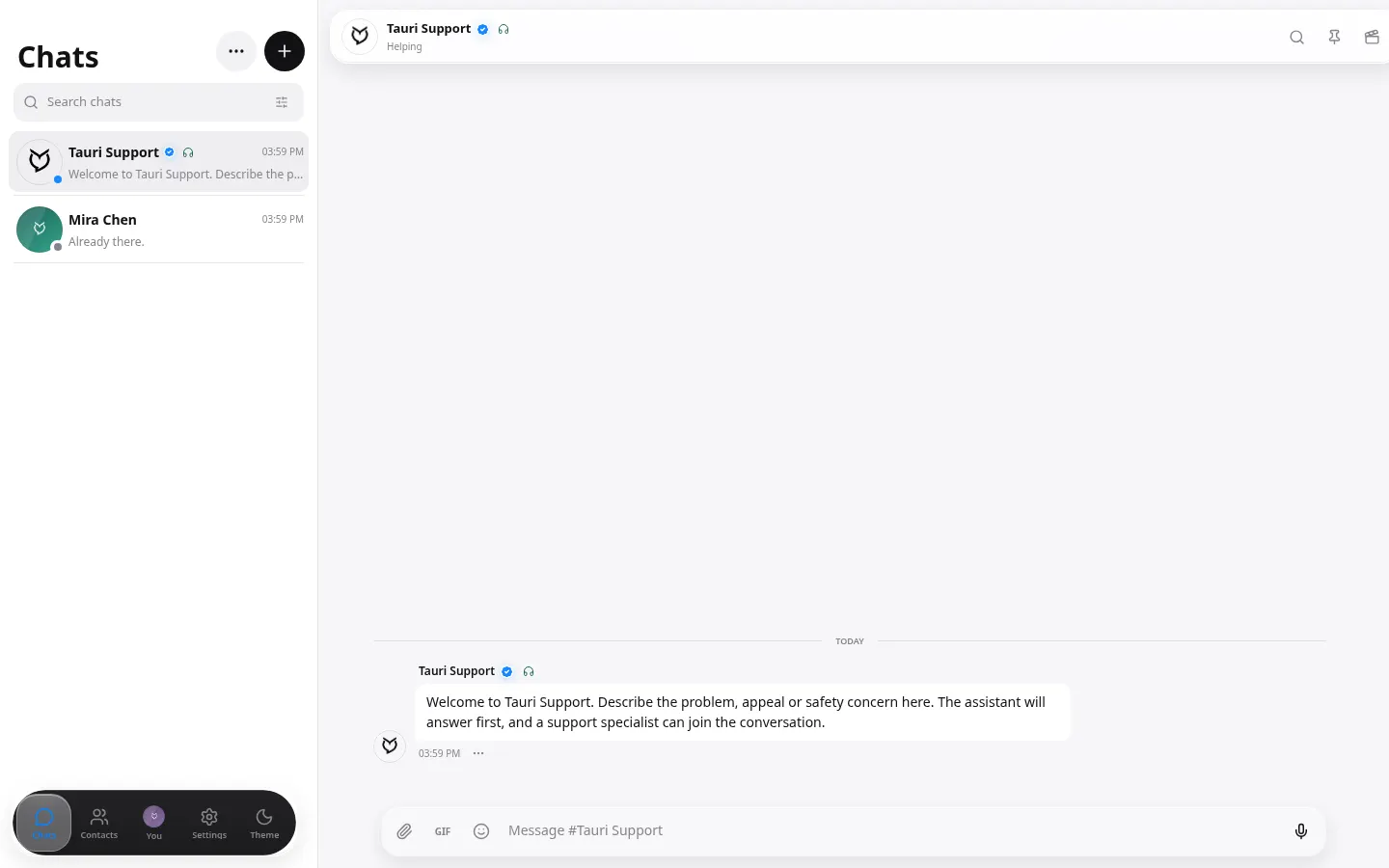 Tauri Messenger open on the conversation screen